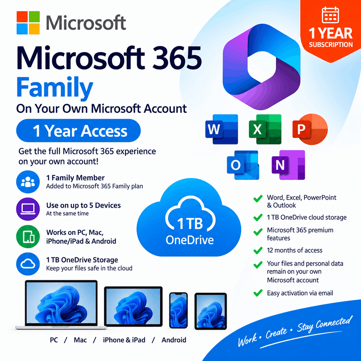Office 365 Family for 5 devices Microsoft 365 Family – 1 Year Invitation 1TB OneDrive + for 5 Devcies